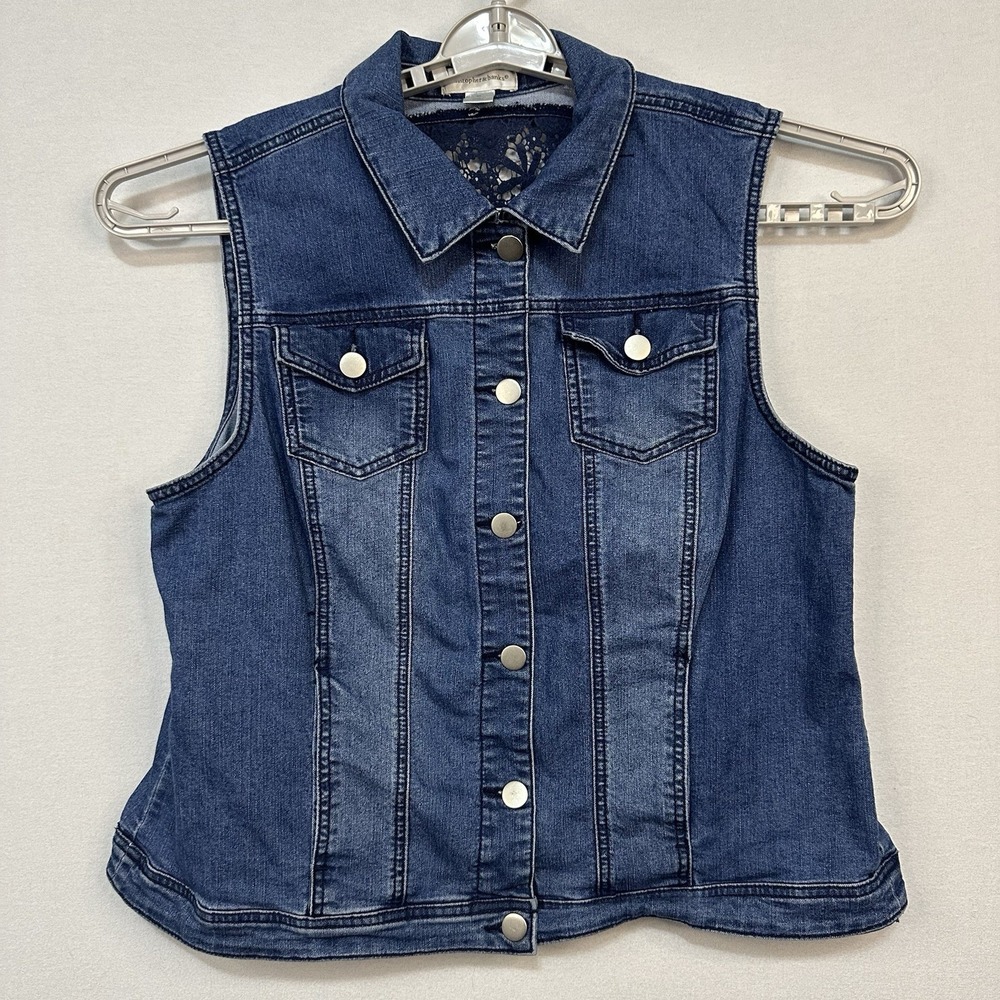 Christopher & Banks Vest XL Denim Blue Crochet Boho Hippie